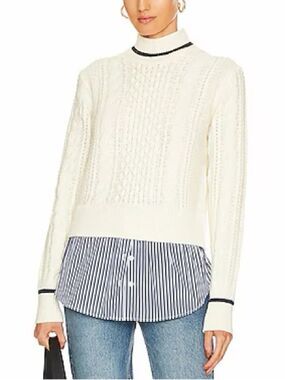 Veronica Beard Fritz Mixed Media Cable Knit Sweater Ivory, Size M